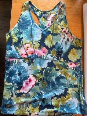 Skirt Sports Elipse Tank Top. Floral Racerback Tank Top in Teal, Pink & Olive